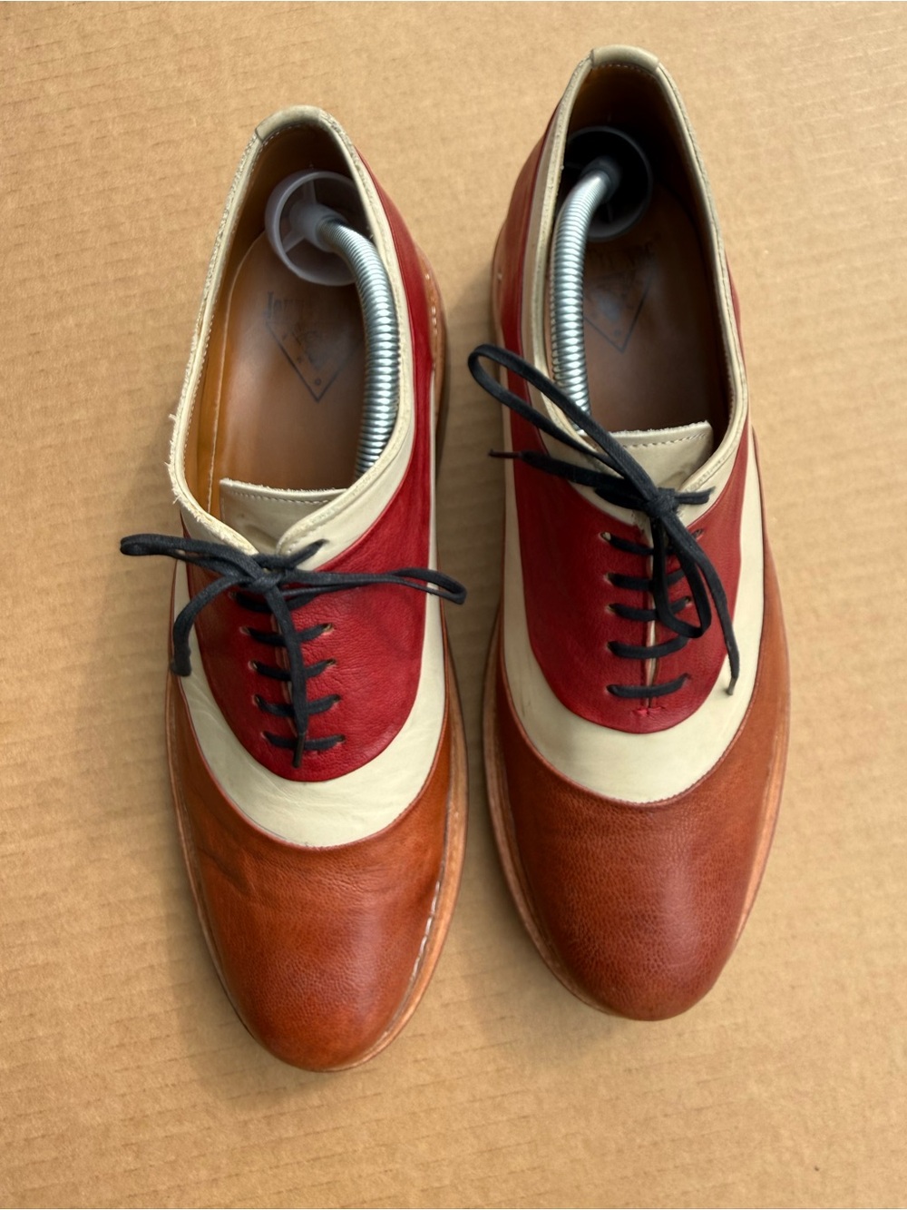 John Fluevog Three-Tone Men's Leather Oxfords in Brown, Cream & Red